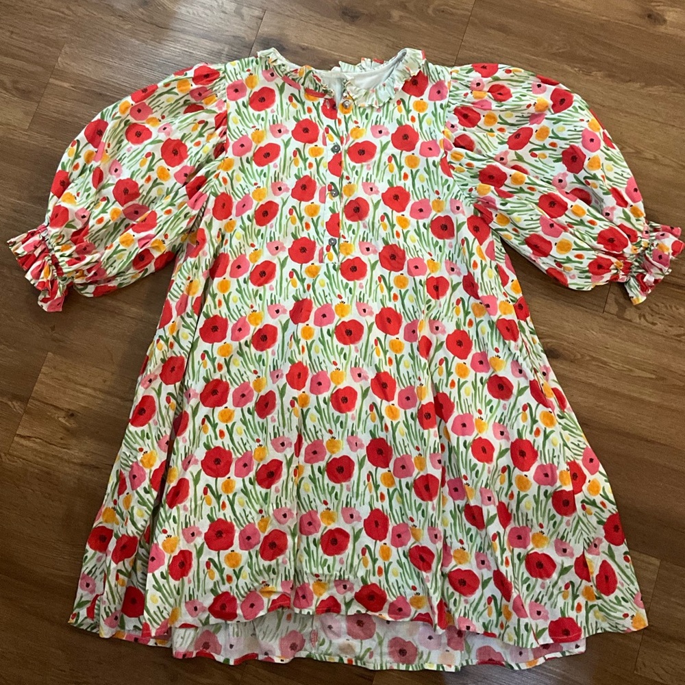 entro Floral Ruffle Neck Mini Dress in Red, Pink & Yellow
